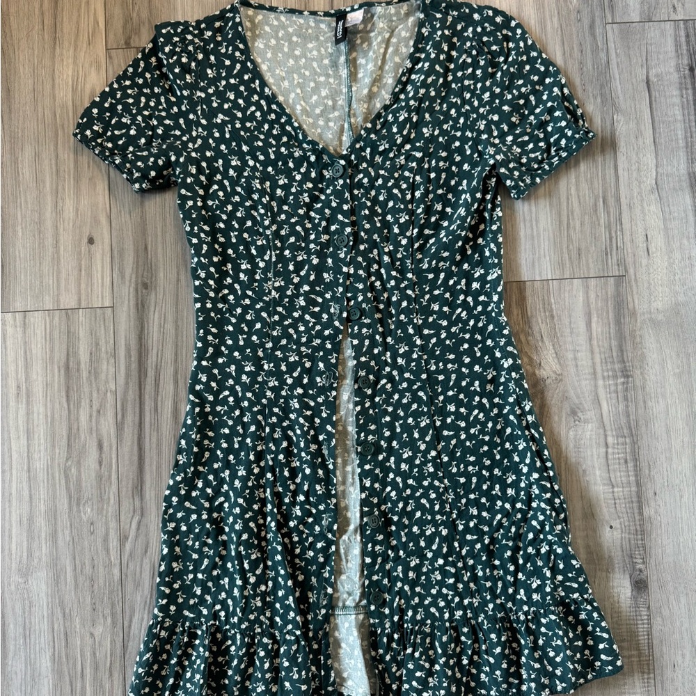 H&M Dark Green Floral Mini Dress with Cream Print